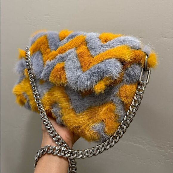 Real Mink Fur Colorblock Herringbone Pattern Handmade Slouchy Bag/Crossbody - Picture 13 of 16